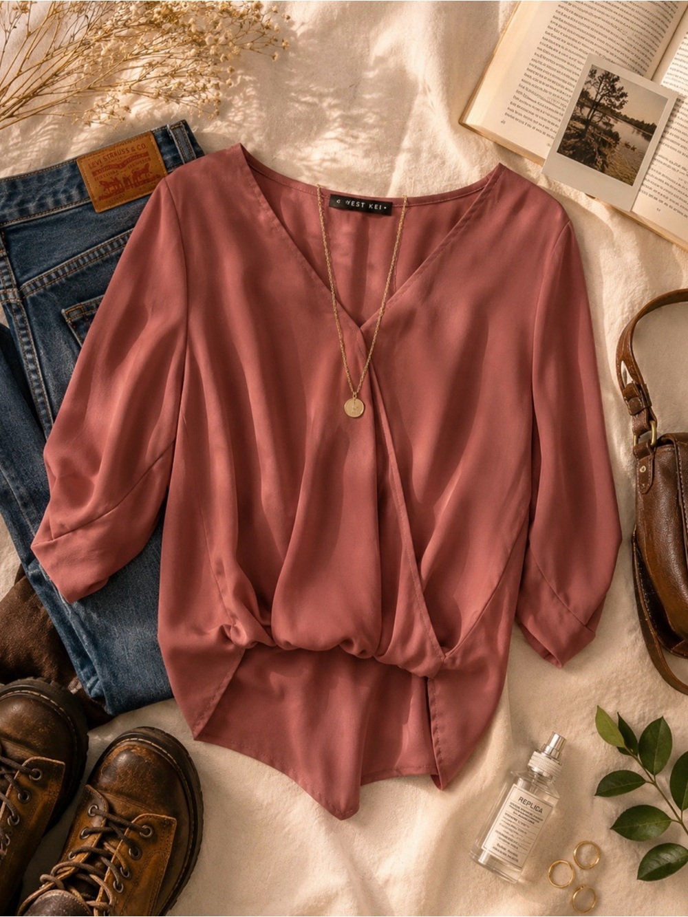 West Kei Dusty Rose Wrap-Style Blouse